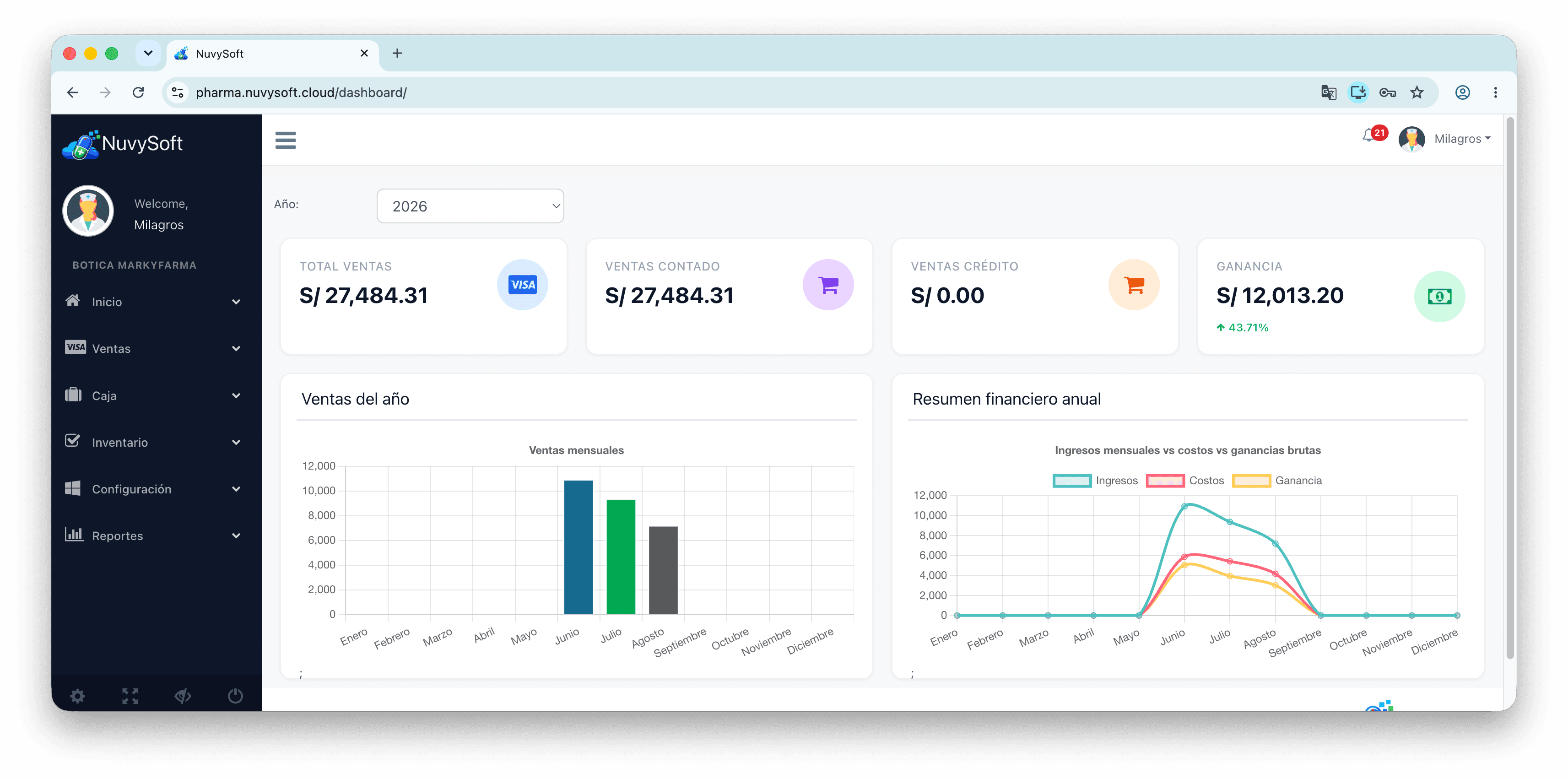 Dashboard de NuvySoft con ventas y ganancias del año