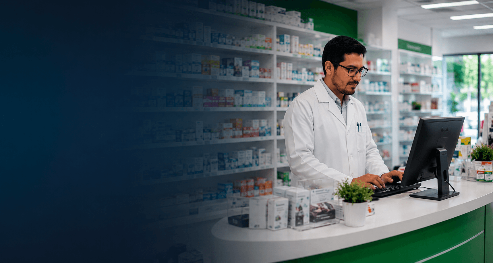 Farmacéutico atendiendo el mostrador de una farmacia moderna