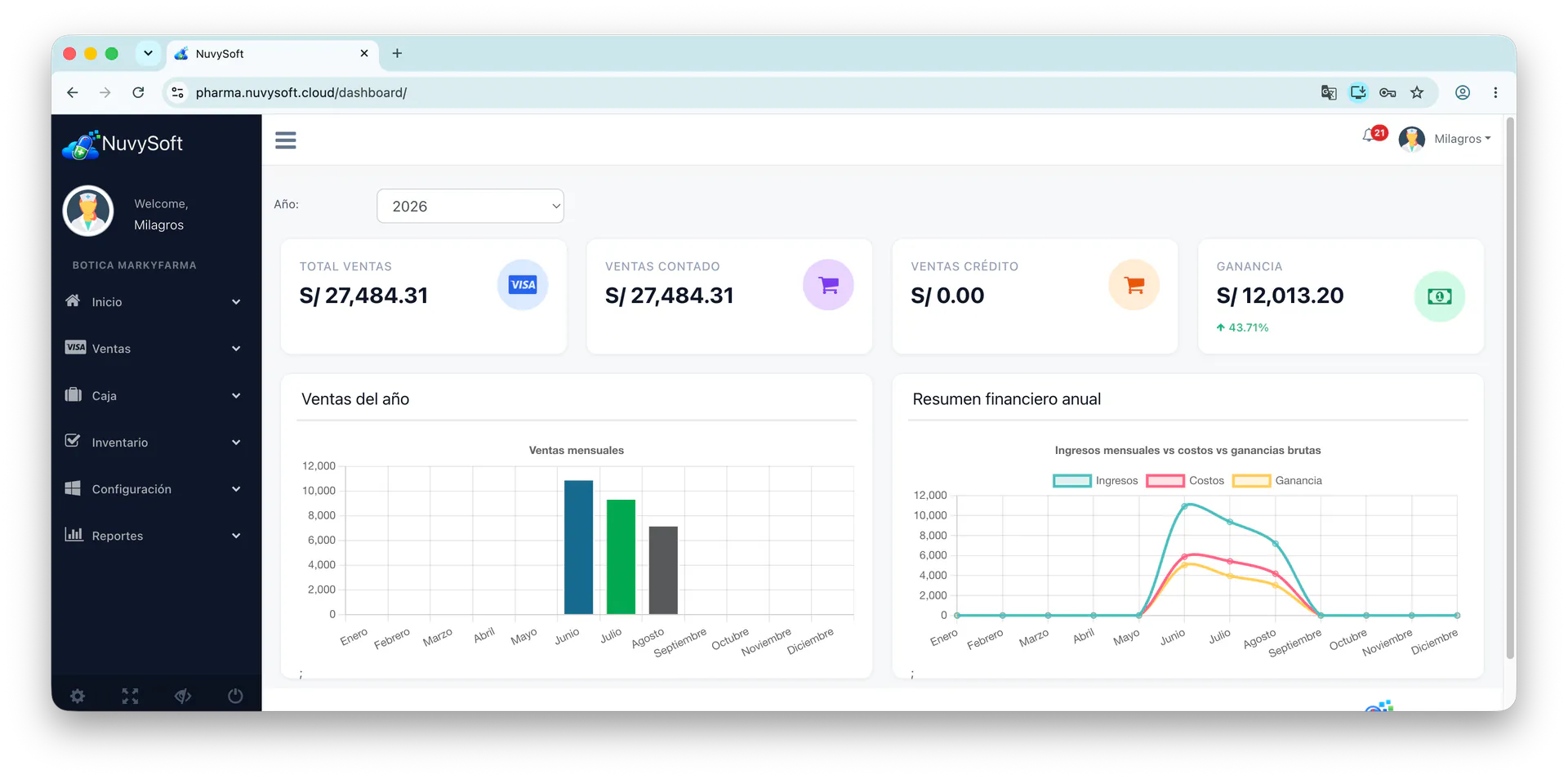Dashboard de NuvySoft con ventas y ganancias del año